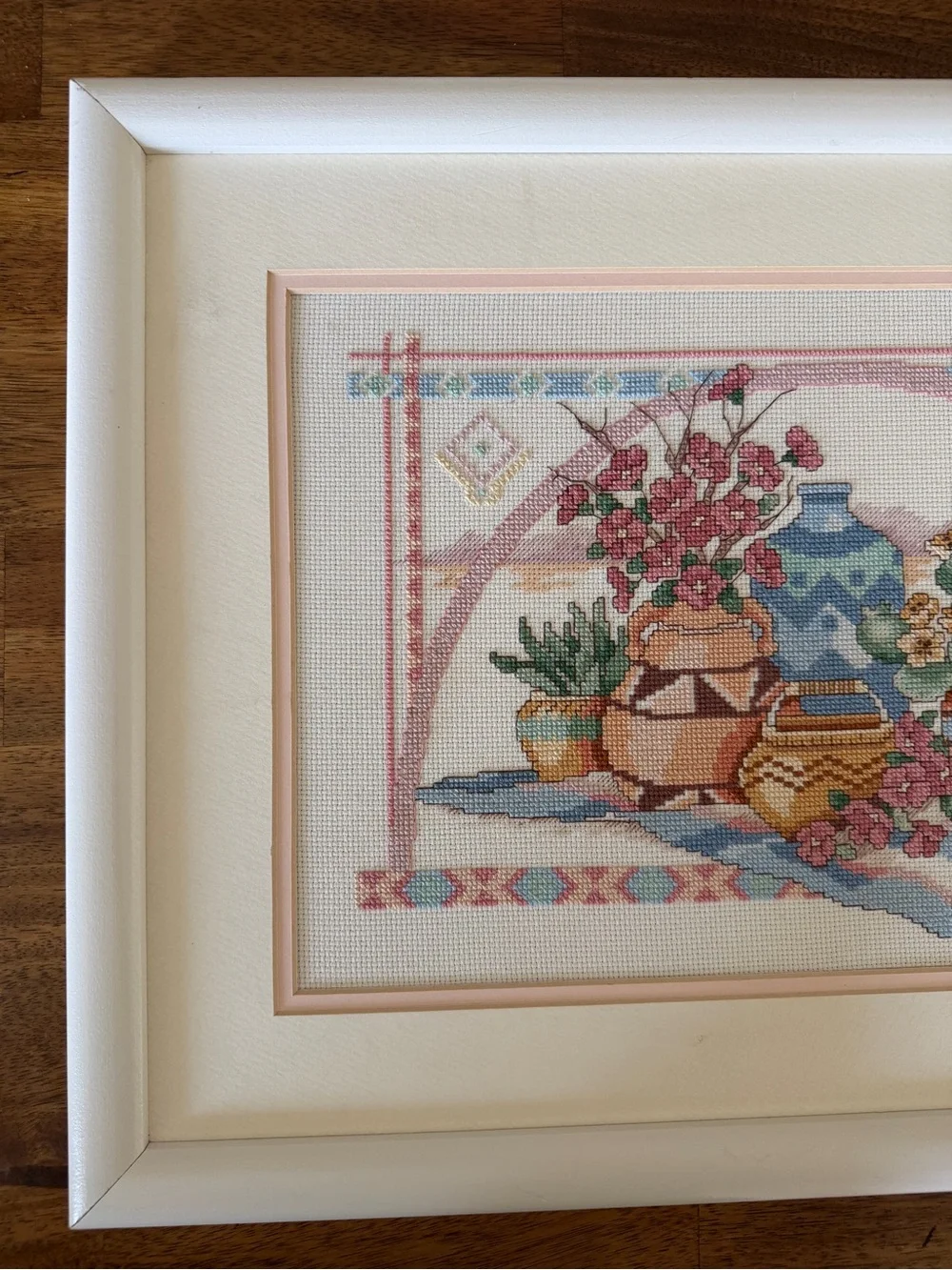 Framed Cross-Stitch Still Life with Vases and Flowers - Multicolor